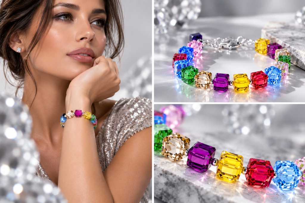 Modelo luciendo una pulsera KUBIC multicolor con cristales y primeros planos del diseño de VIVIT