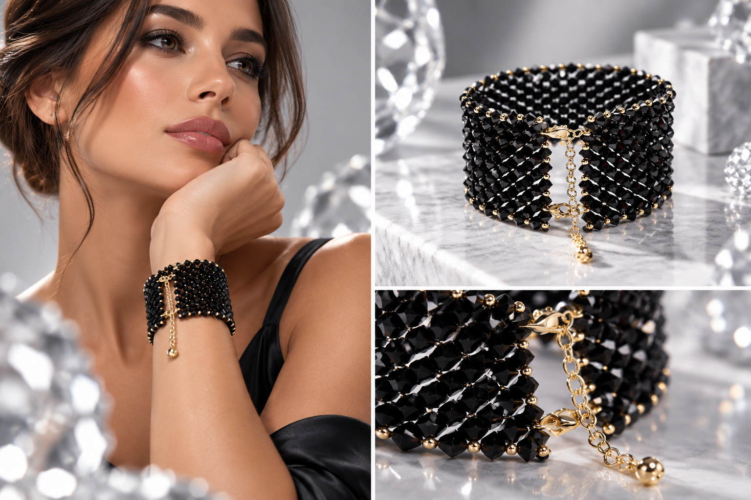 Modelo luciendo una pulsera RAF negra con cristales y detalles dorados de VIVIT